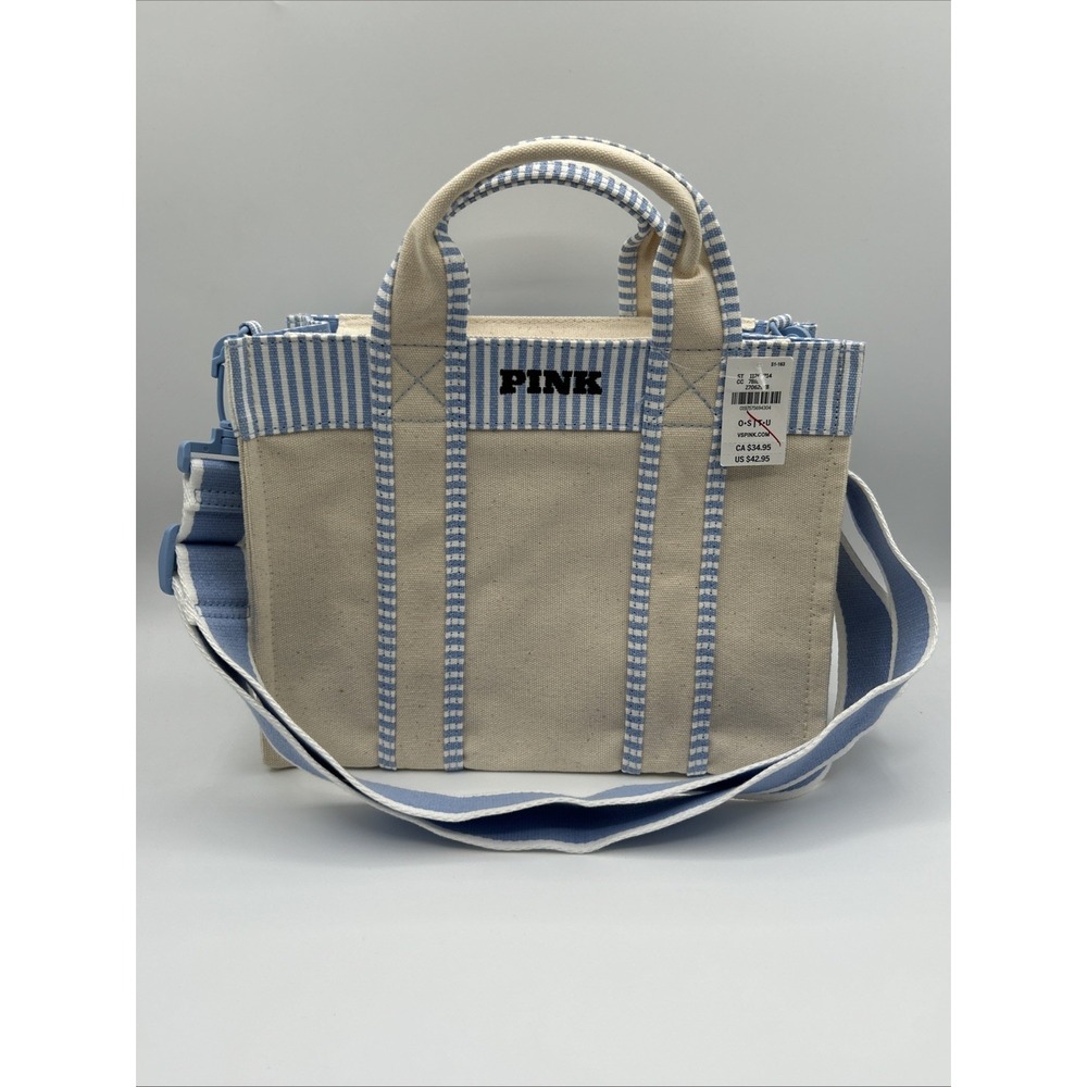 Victoria's Secret PINK Small Canvas Tote Crossbody Strap Light Blue NEW - Picture 9 of 9